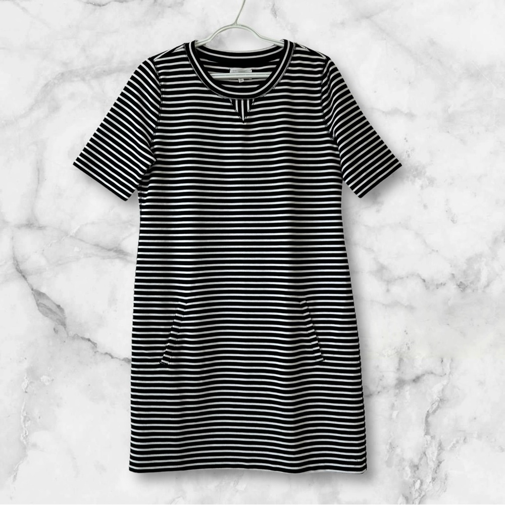 Lou & Grey Black White Striped Short Sleeve Shift Knit Dress Sz M Preppy Classic